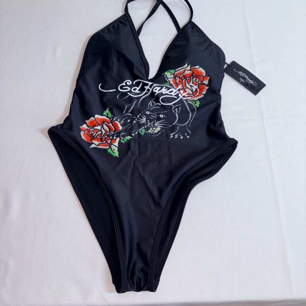 Ed Hardy Swimsuit Medium Black NEW Panther Rose Tattoo Rhinestone One Piece